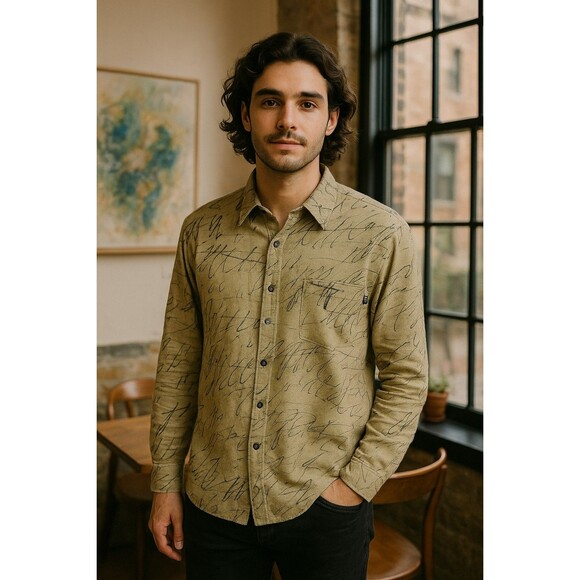 Vintage Merseta Italy Shirt Mens M Beige Herringbone Abstract Print Button Up - Picture 1 of 16